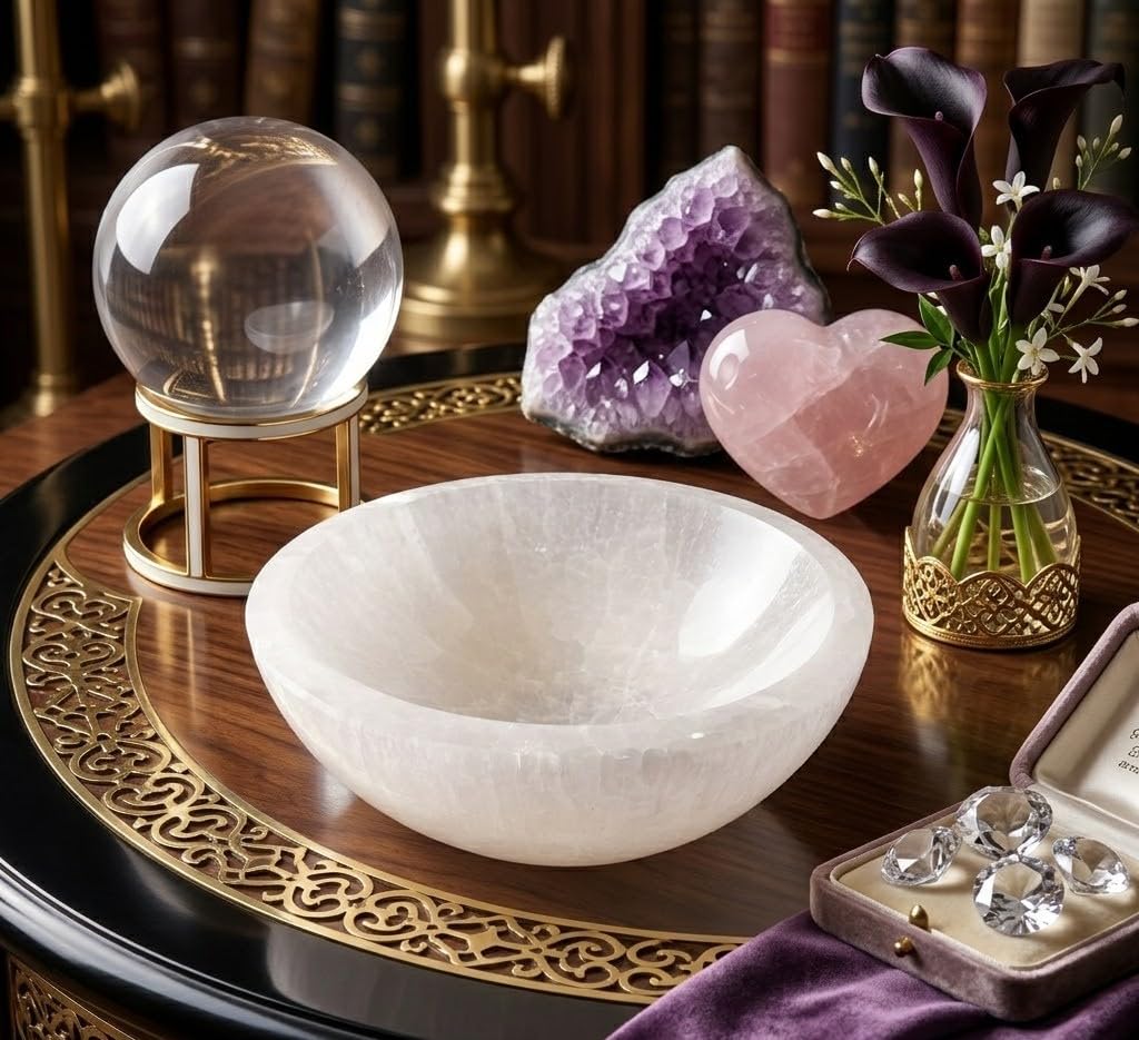 Genérico Cuenco de cristal de selenita natural, redondo, cuenco decorativo de cuarzo tallado a mano para la decoración del hogar. (15 Cm)