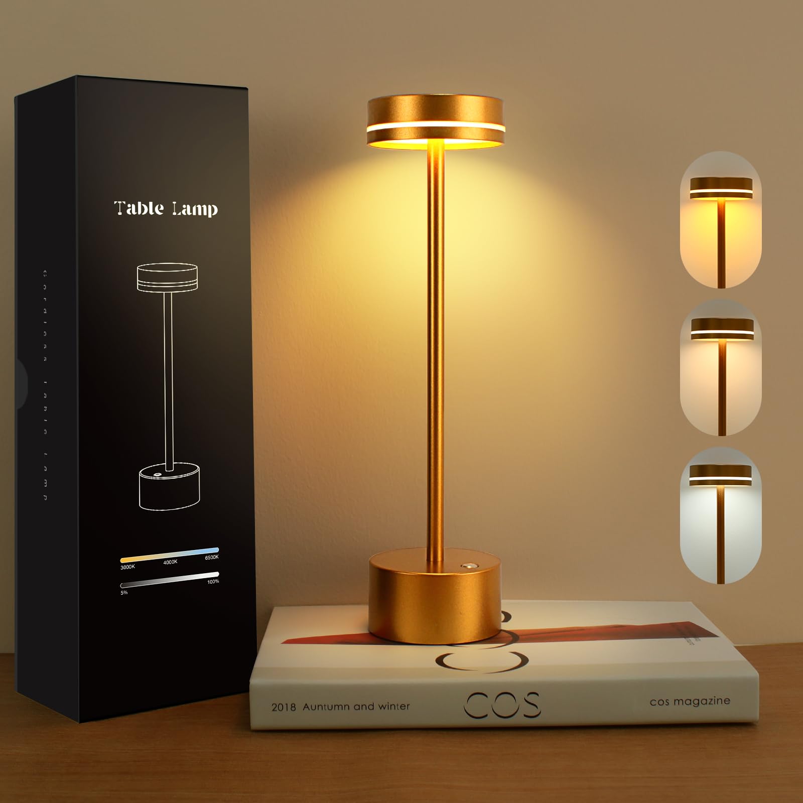 VKH Lámpara de noche LED sin cable de metal color dorado, 3 modos de luz, control táctil y carga USB-C, lámpara de mesa moderna para dormitorio, salón, oficina o mesa de comedor