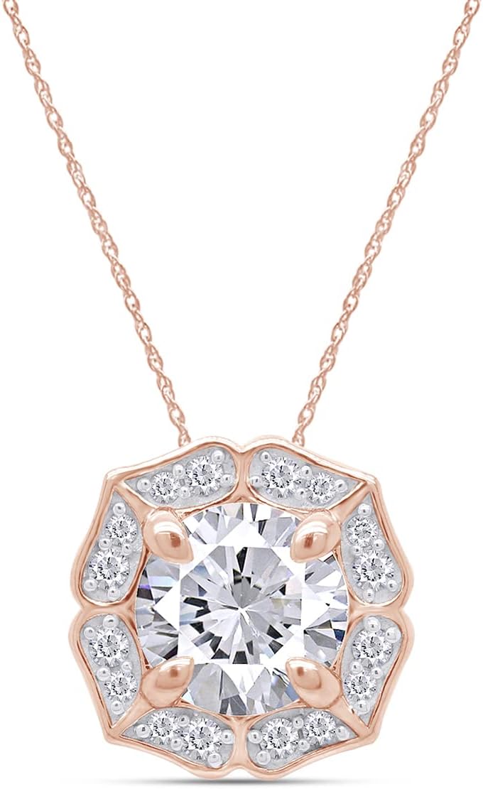 SAVEARTH DIAMONDS Vintage Floral Design, Center 7MM Round Cut Lab Created Moissanite Diamond With Accents Halo Drop Pendant Necklace In 14k Gold Over Sterling Silver, 18" Chain (1.33 Cttw)