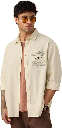 The Souled Store Cotton-Linen: Safar Men and Boys Long Sleeve Spread Collar Button Front Beige Embroidered Regular Fit Cot...