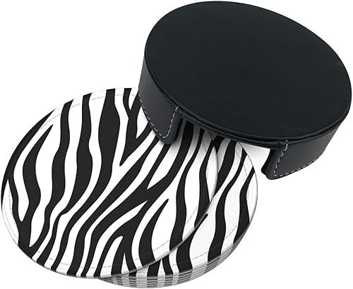 Miniatura 4 de Drink Coasters Set of 6, Zebra fine Lines Printed PU Leather Round Coaster with Holder for Outdoor, Office, Bar, Funny Heat-Resistant Home Desk Decor