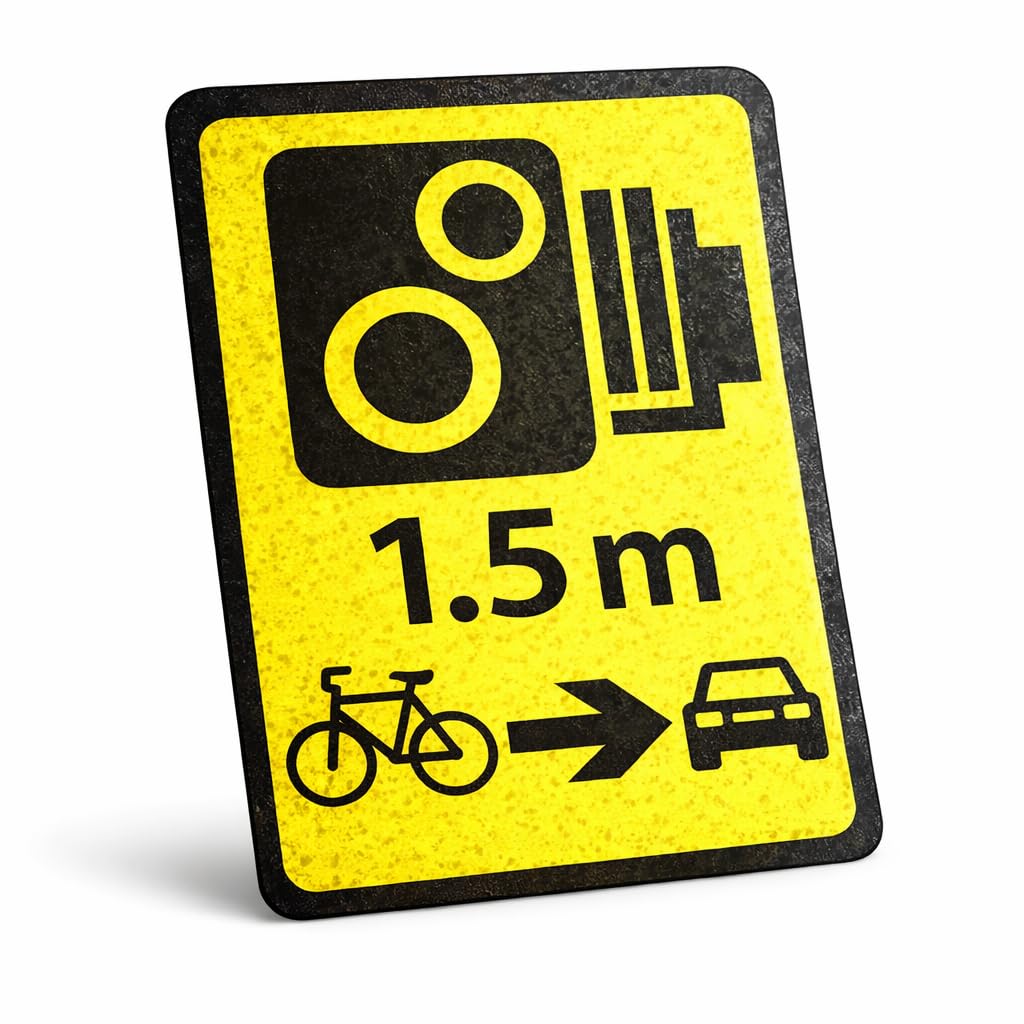 Bike Safety Sign; High visibility reflective waterproof cycling rear safety sign which warns drivers of potential camera and effectively encourages awareness of the legal requirements