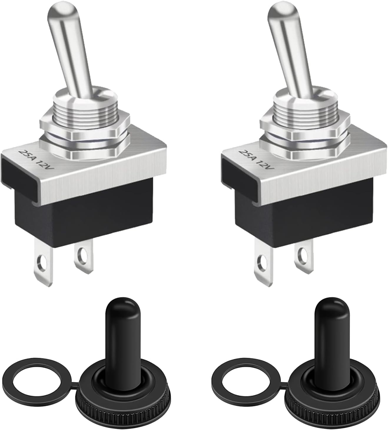 2 Pieces Two Way Switch, Toggle Switch 12V 25A SPST On/Off 2 Pin Self-Latching Automotive Switch with Waterproof Cover, Perfect for Car Dashboard Electronics, 12mm Panel Cutout for Cars