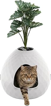 Cat Litter Box Enclosure with Faux Plant & Pebbles,White