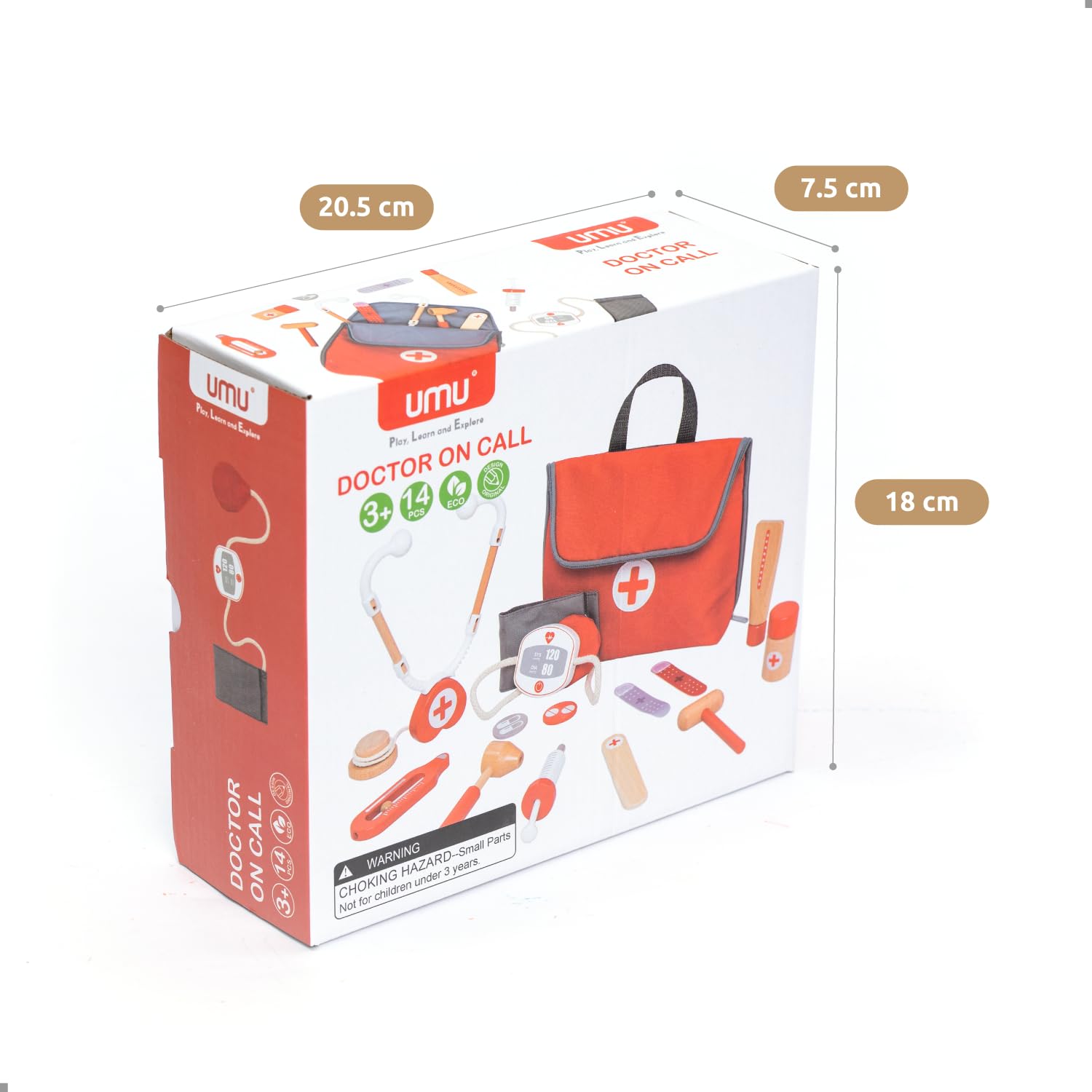 UMU® Mini Maletín de Doctor Infantil de Madera - Juego de Médico 14 Piezas con Estetoscopio, Tensiómetro y Más, Set de Juego de rol para Niños y Niñas a Partir de 3 4 5 6 Años