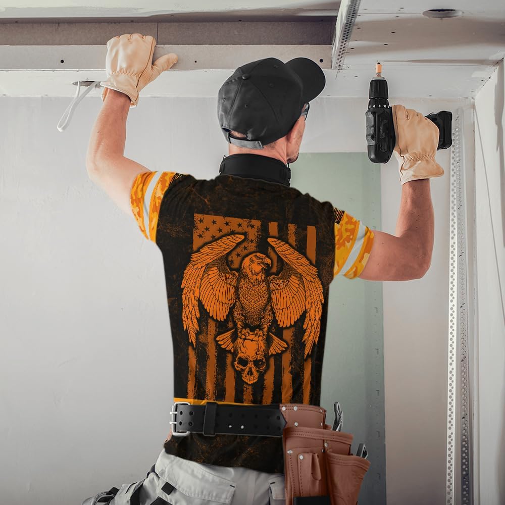 Hi Vis Shirts American Flag Skull Reflective High Visibility Custom Name Safety Workwear Tshirt for Workers, Runners