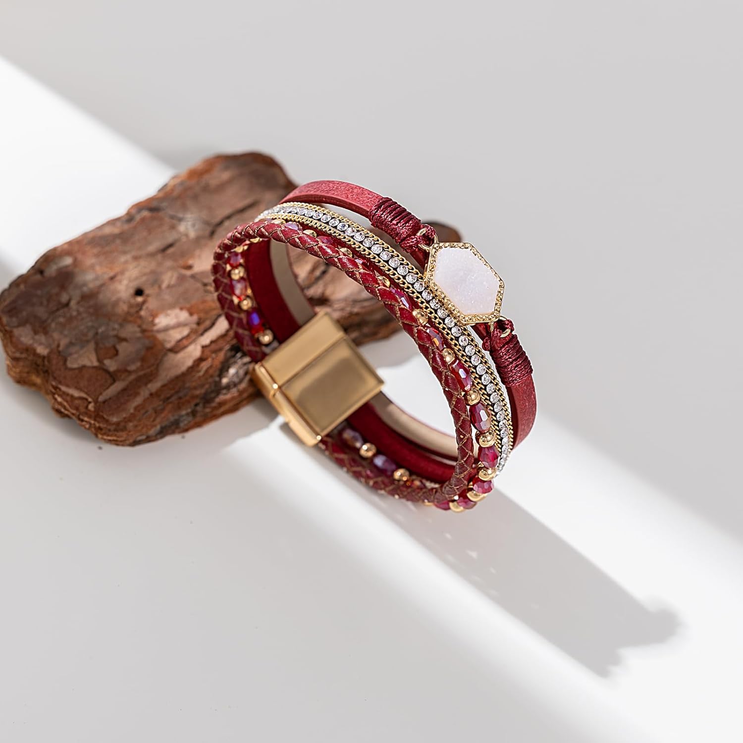 FANCY SHINY Crystal Beaded Leather Wrap Bracelet Stackable Boho Jewelry for Women Resin Stone Bangle Cuff with Magnetic Clasp - Image 5