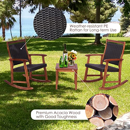 Tangkula 3 Pieces Patio Rocking Chair Set, Patiojoy Acacia Wood Rocker With Side Table, Outdoor Rocking Chairs With Wicker Rattan Seat & Backrest, Rocking Bistro Set For Garden, Backyard, Poolside #TOP6