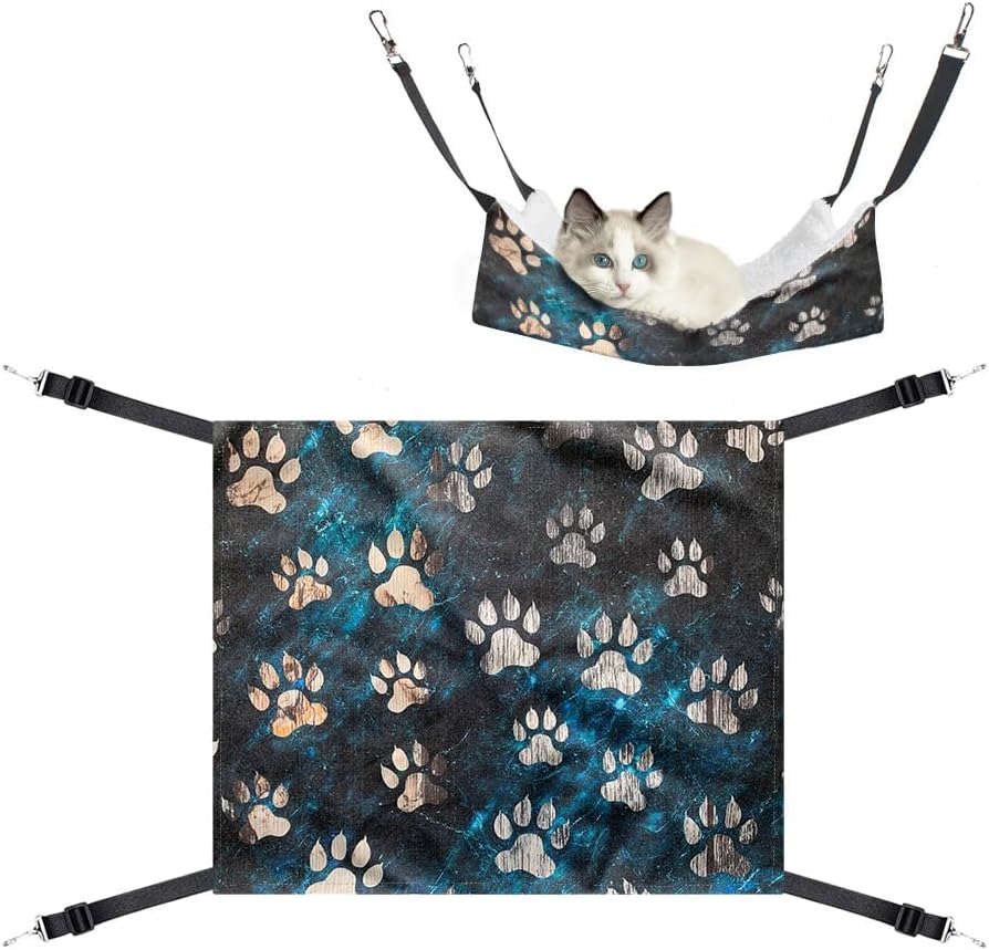 WIRESTER Reversible Cat Hanging Hammock 22.8 x 18.9 Inch, Pet Cage Hammock Bed with Adjustable Straps, Soft Sleeping Hammock for Cat, Ferret, Puppy Dog, Rabbit, Small Animals - Dog Paws