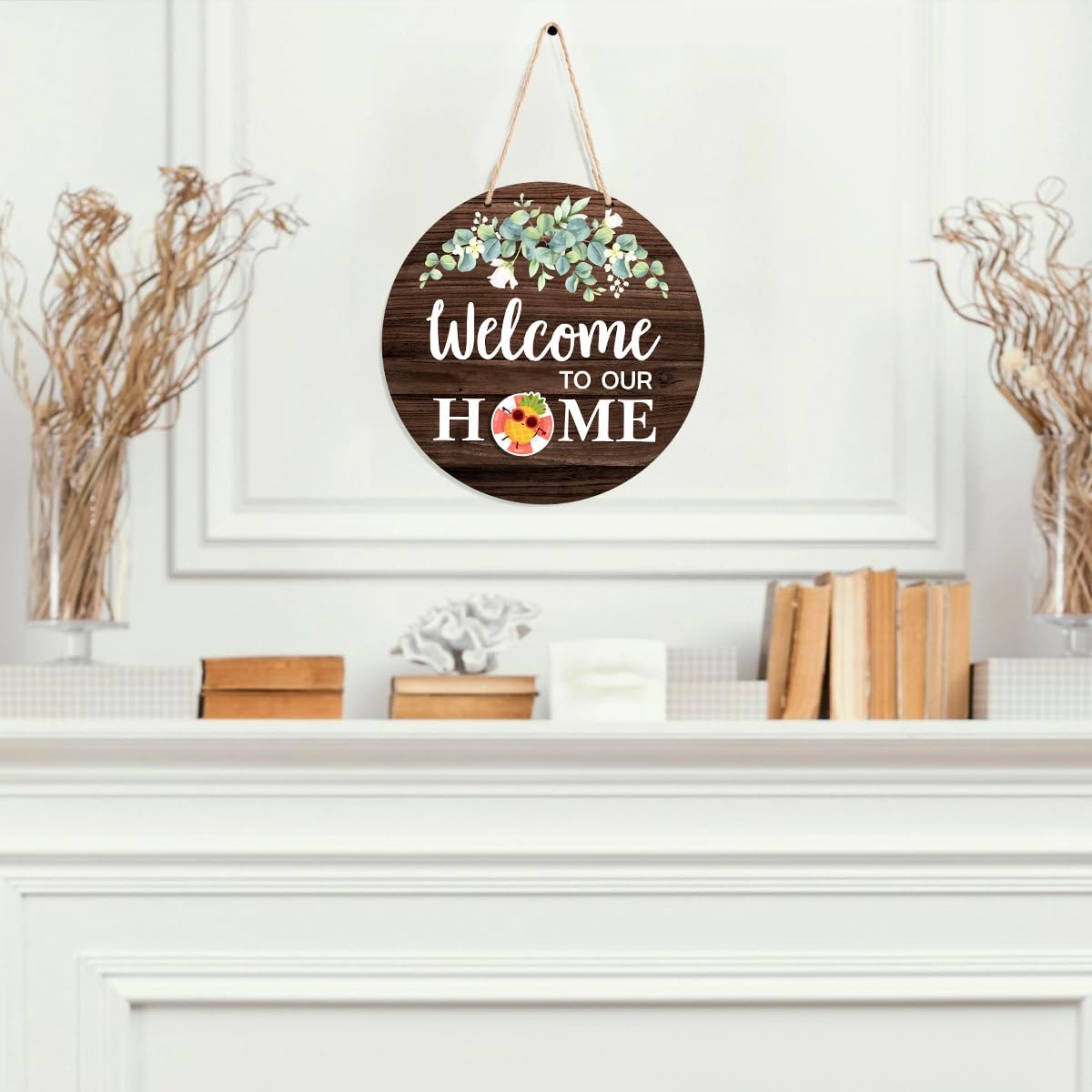 Interchangeable Welcome Sign Summer Patriotic Front Door Decoration, 4th of July Rustic Wood Wreath Wall Hanging Porch Decor, Welcome to Our Home Sign for Spring Fall Winter All Seasons Holiday