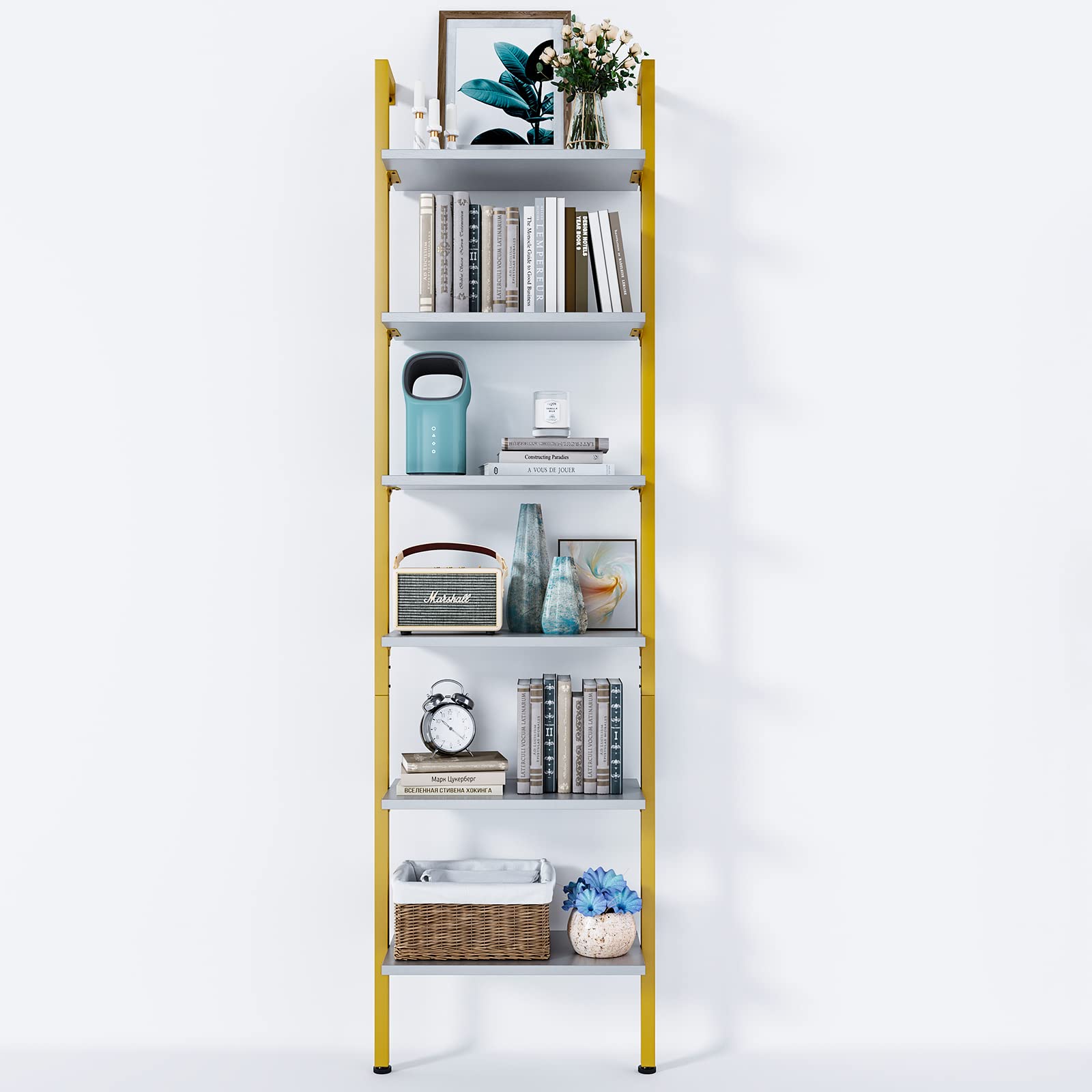 ODK 6Tier Ladder Shelf, 87 Inches Wall Mounted Ladder Bookshelf , 8"D