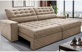 Sofá Retrátil e Reclinável 3,00m Molas Ensacadas Max Spring Velusoft Bege Cama Inbox