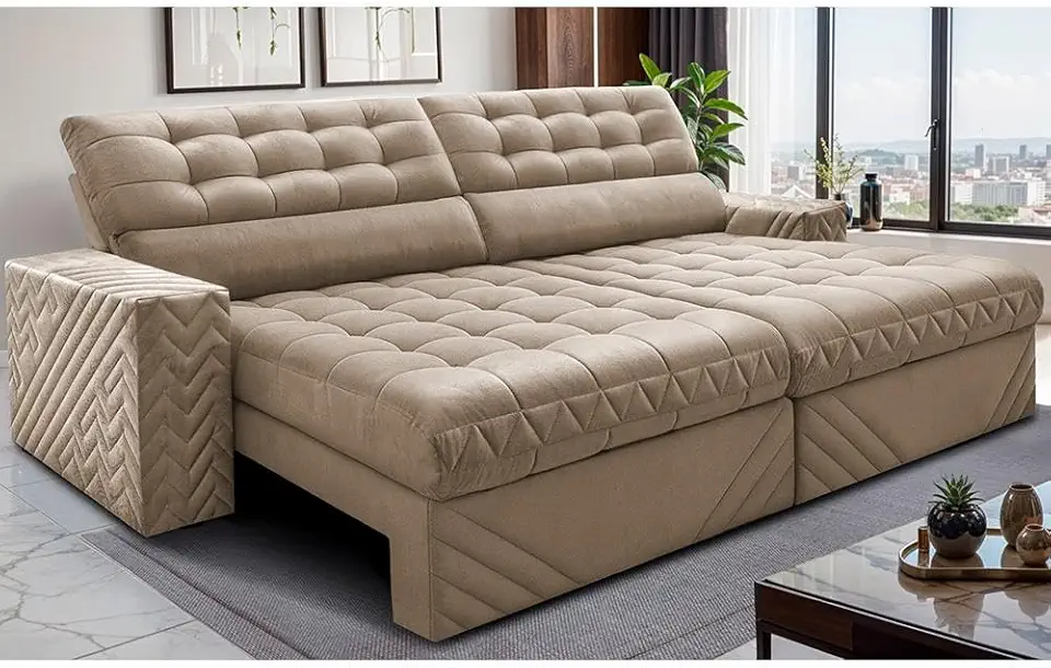 Sofá Retrátil e Reclinável 2,50m Molas Ensacadas Max Spring Velusoft Bege Cama Inbox