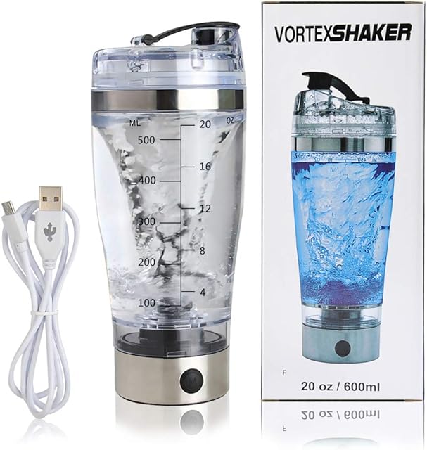 BUYGOO Rechargeable Mixer Bottle 600ML Portable Protein Shaker Bottle with USB Cable BPA-Free Mixer Cup for Protein Powder, Milkshake, Sugar, Coffee and more Powder -- With long time power
