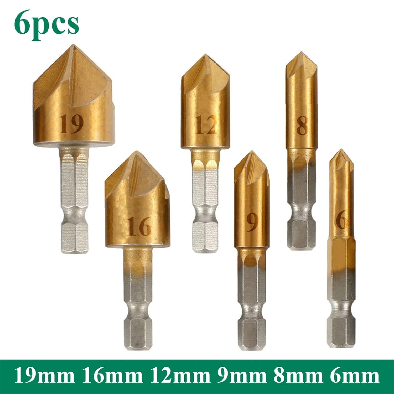 6pcs Chamfer Countersink Chamfer Drill Bit Set 1/4quot Hex Shank 90 Degree Wood Chamfering Cutter 6mm-19mm