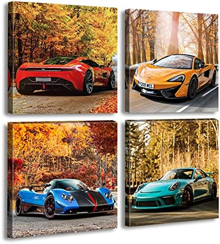 DJSYLIFE Car Posters Boys Room Decor Wall Art Giclee Canvas Prints Autumn Landscape Red Sport Car Pictures Modern Artwork for Bedroom Home Decorations Painting 12x12 inchesx4 Framed Ready to Hang