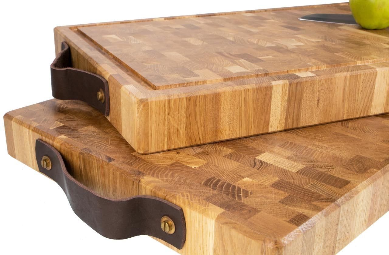 Bigwood Hirnholz Schneidebrett | Hackblock Holz massiv groß | Küchenbrett Eiche Stirnholz | Beidseitig nutzbar mit Saftrinne | 60x40x6cm | 10kg | mit Ledergriffen