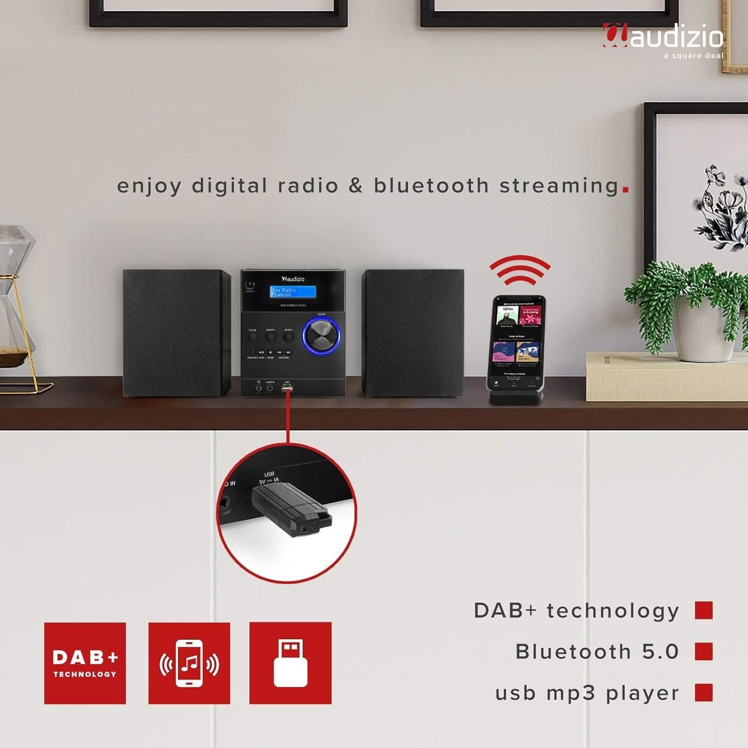 Close-up of the Audizio Metz Stereo Set front panel with buttons and display