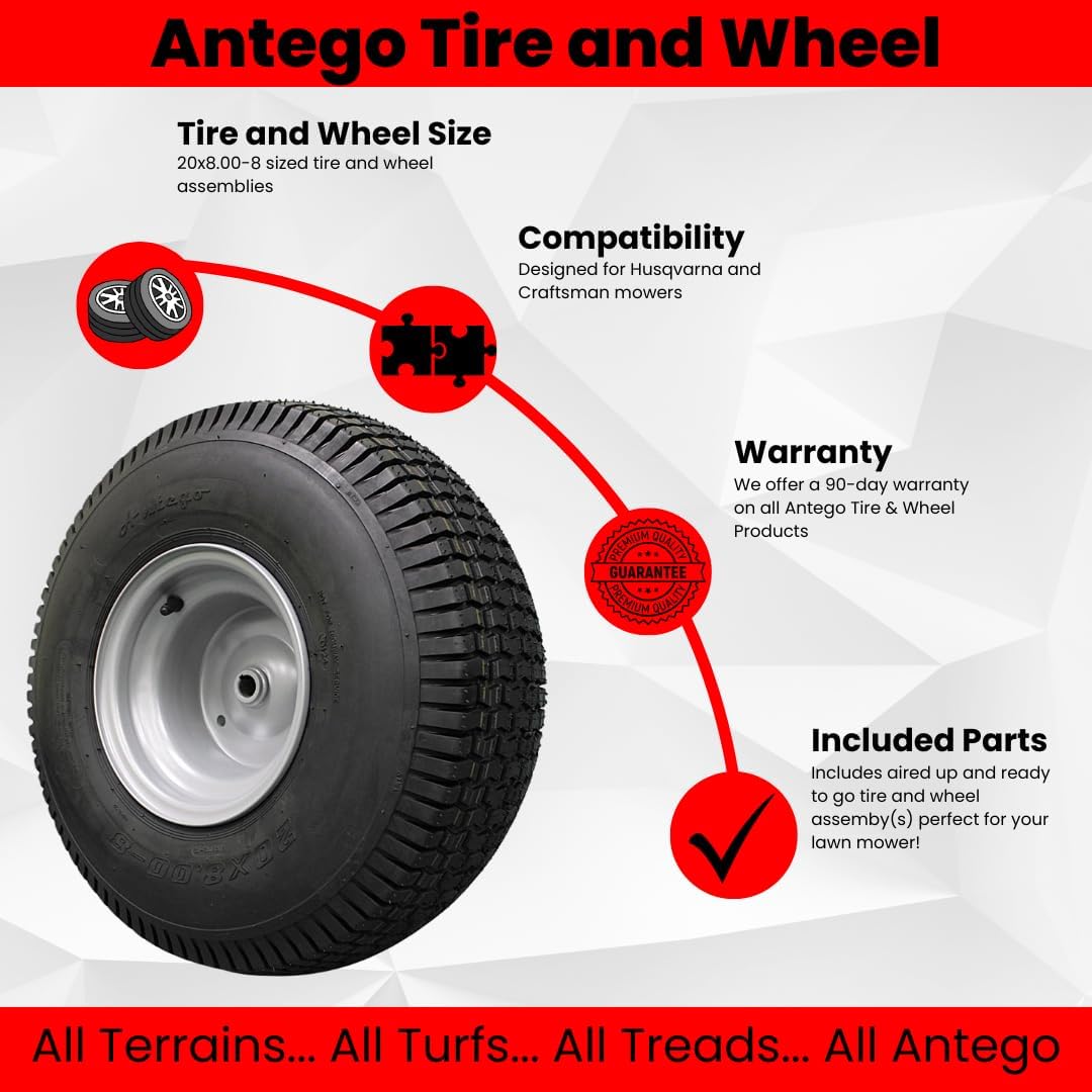 (Set of 2) 20x8.00-8 Lawn & Garden Mower Turf Tires - 4 Ply with Keyed Hub Wheel | Compatible with Husqvarna & Some Craftsman Models