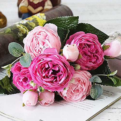 Fictory Ramo de rosas persas artificiales, flores de seda de 5 cabezas para decoración de bodas en el hogar, rosas sintéticas rojas y rosas, tallos de 30 cm para manualidades y fotografía