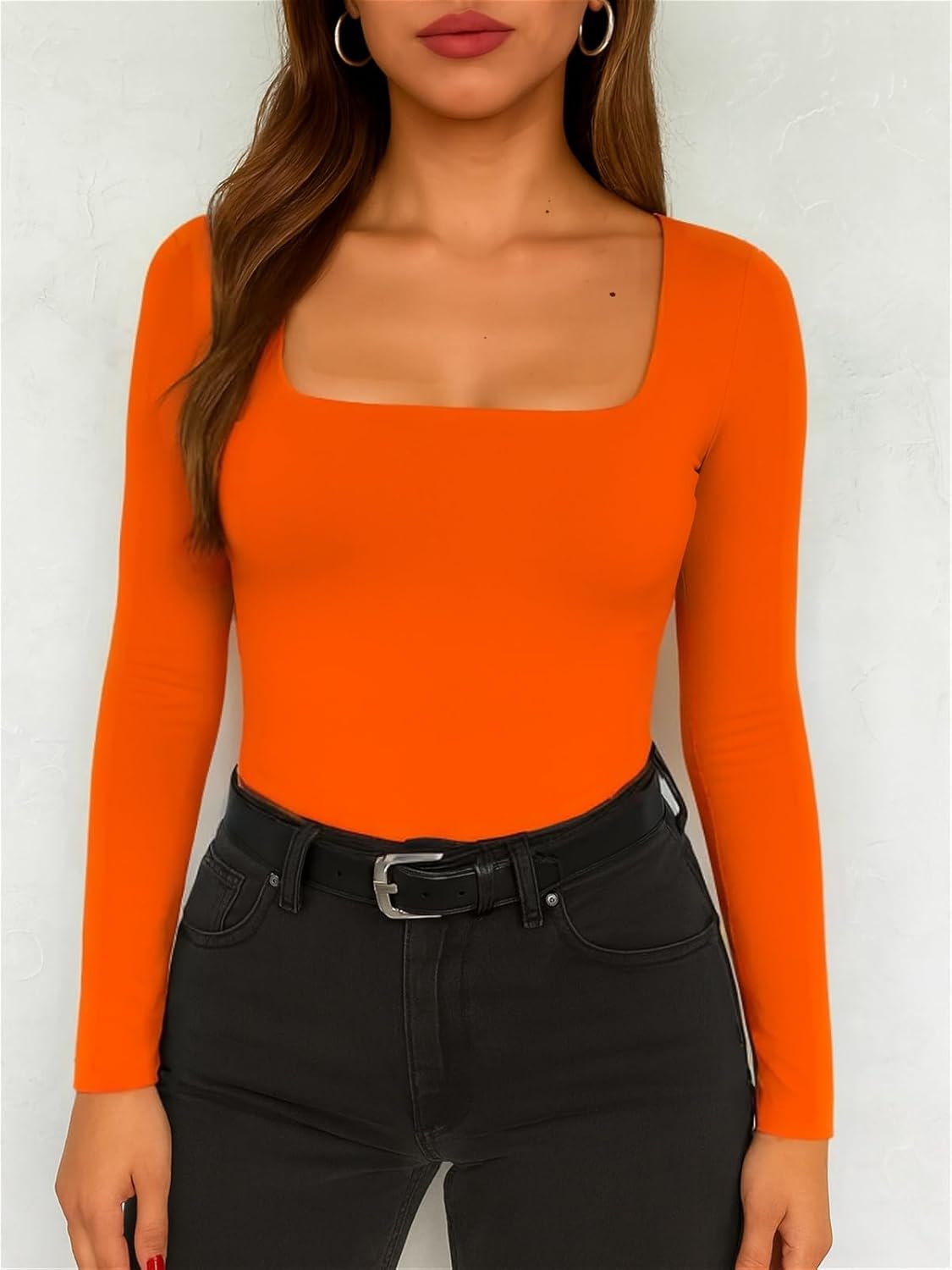 ForeFair Women Square Neck Long Sleeve Going Out Tops Tight Double Lined Basic Tees Shirt - Image 5