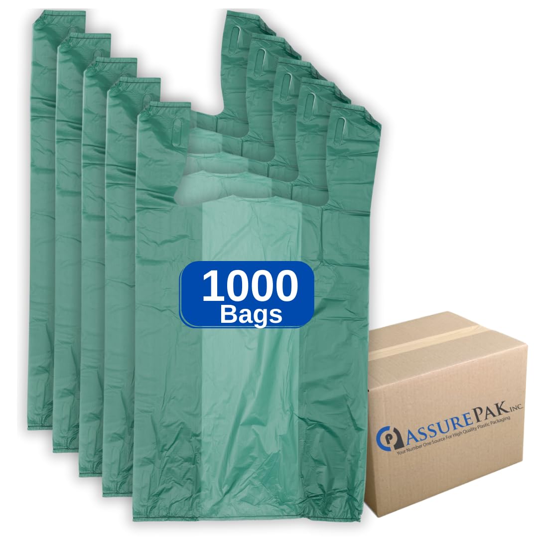 ASSUREPAK Easy Open - 1000 Bags- Colored Unprinted HDPE T-Shirt Bags - 1/6 BBL 11.5"X6"X21"- 13 microns - Green - Perfect for Groceries, Shopping and