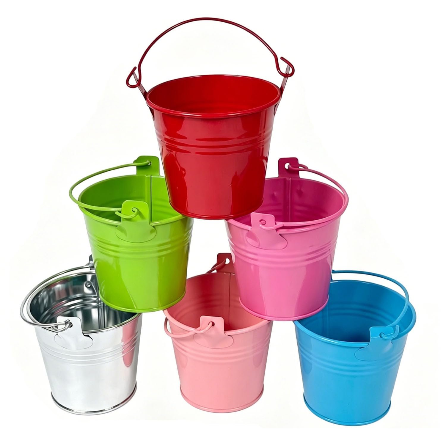 ALUNA Colourful Metal Plant Pots – Set of 6 Mini Garden Planters with Handles, Bright Garden Decor for Indoor & Outdoor Use, Small Flower Buckets for Herbs or Succulents 13cm x 10cm x 12cm