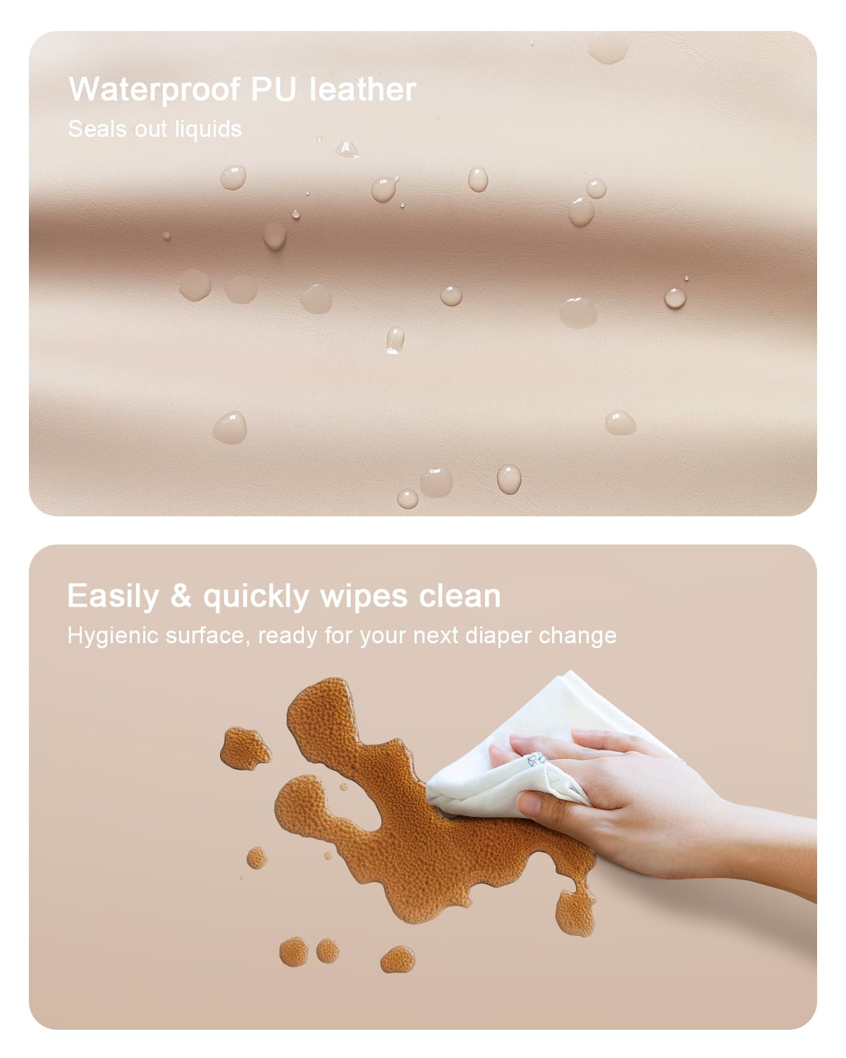 YACODAVO Wipeable Baby Changing Pad for Dresser and Table, Cozy Diaper Changing Pad with Waterproof & Wipe-Clean Leather Cover, Light Brown