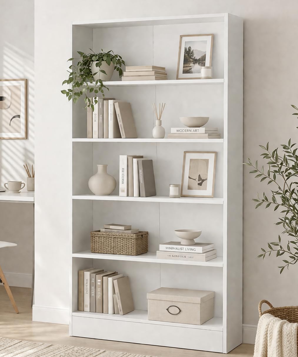 DeckUp Muvo 5-Shelf Engineered Wood Book Shelf and Display Unit (White, Matte Finish)