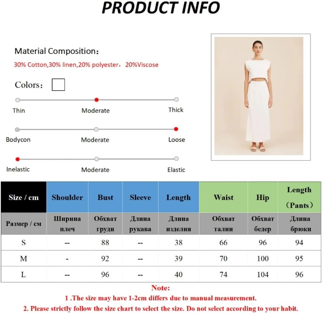 Women's Round Neck Sleeveless Cotton and Linen Vest top + Slit Long Skirt Suit