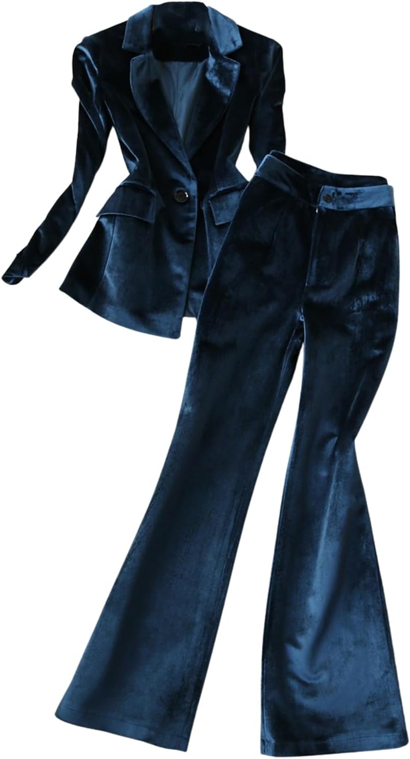 Women's 2 Pieces Velvet Suit Office Work Notch Lapel One Button Jacket Pants Business Tuxedos Set