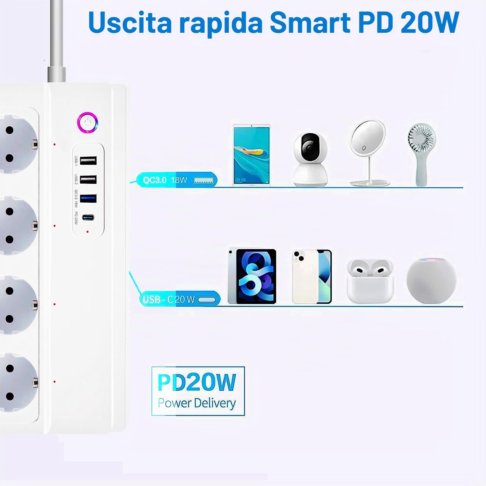 Ciabatta elettrica intelligente WLAN 16A, USB C multipresa da 20 W, controllo individuale di 4 prese AC, supporta app Tuya e Smart Life, timer, conto alla rovescia, compatibilità Alexa Google Home