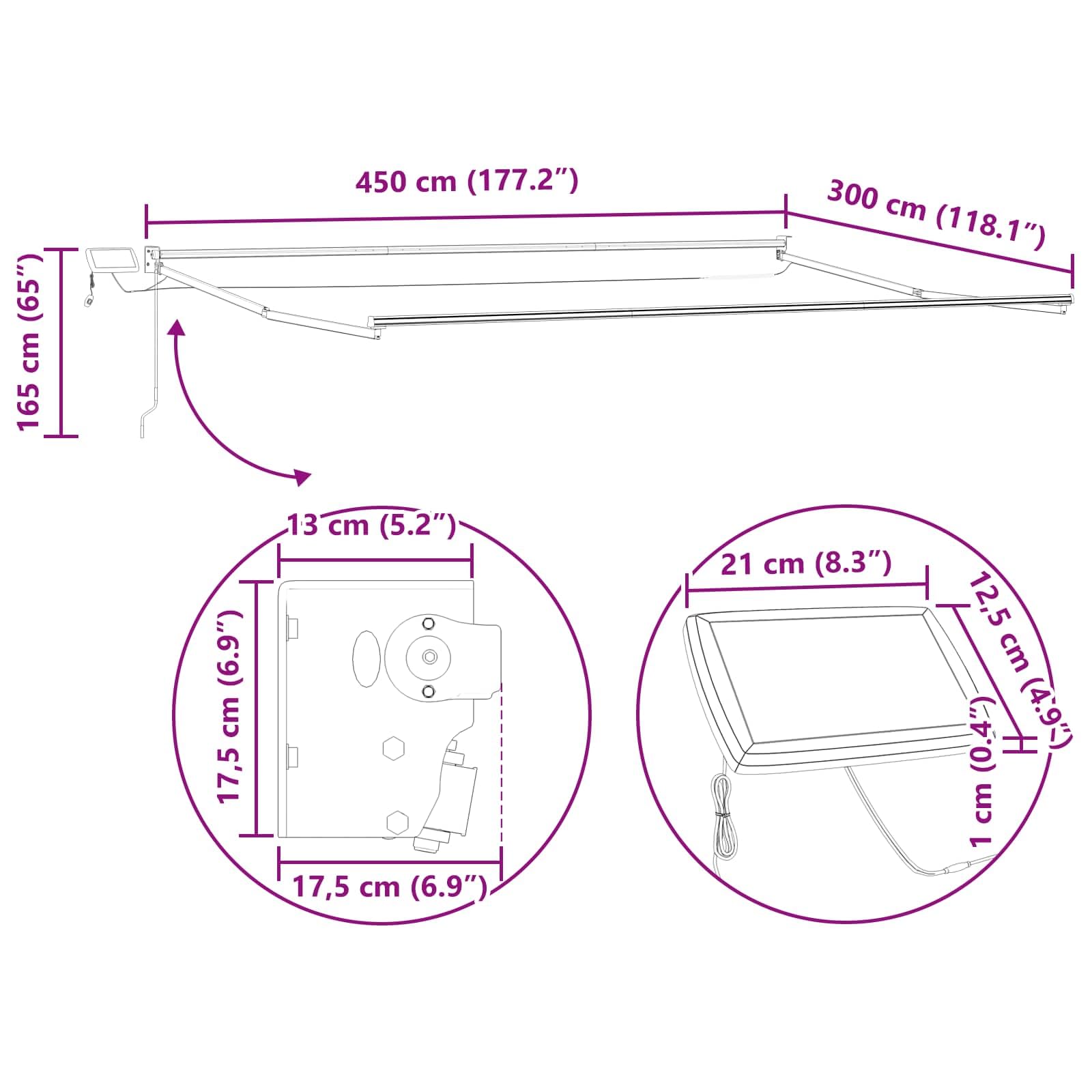 Tenda da sole manuale con braccio articolato, 4,5 x 3 m, con LED a energia solare, tessuto in poliestere resistente alle intemperie, telaio in acciaio verniciato a polvere, estensibile per
