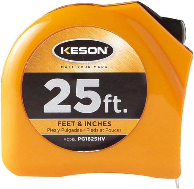 Keson Tape Measure, 1 In x 25 ft, In./Ft., Black, Orange, Yellow (PGT1825V)