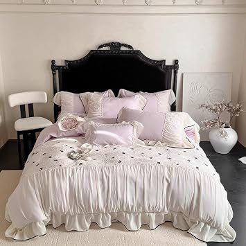 INFLAG Ruffle Lace Duvet Cover Set - 100% Washed Microfiber Princess Girl Bedding - 4 Piece Comforter Duvet Cover with Corner Ties & Zipper Closure Purple,Full/Queen 80"x90"