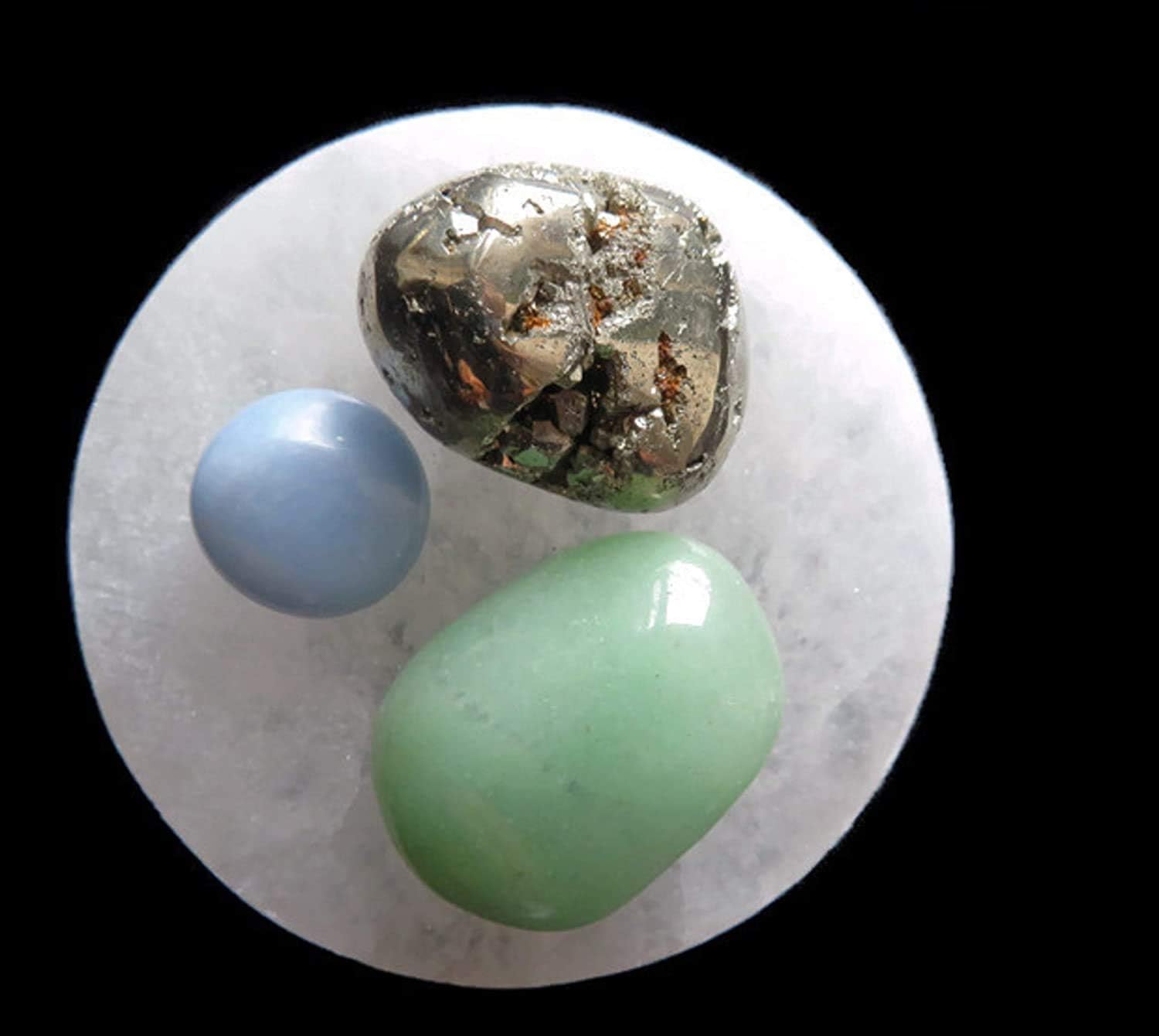 Pure Aura Moroccan Charged 3" Selenite Disc Plate - Polished Flat Crystal Charging Station Powerful Plus Bonus 3 Large Tumble Aventurine Stone Show on Second Picture.