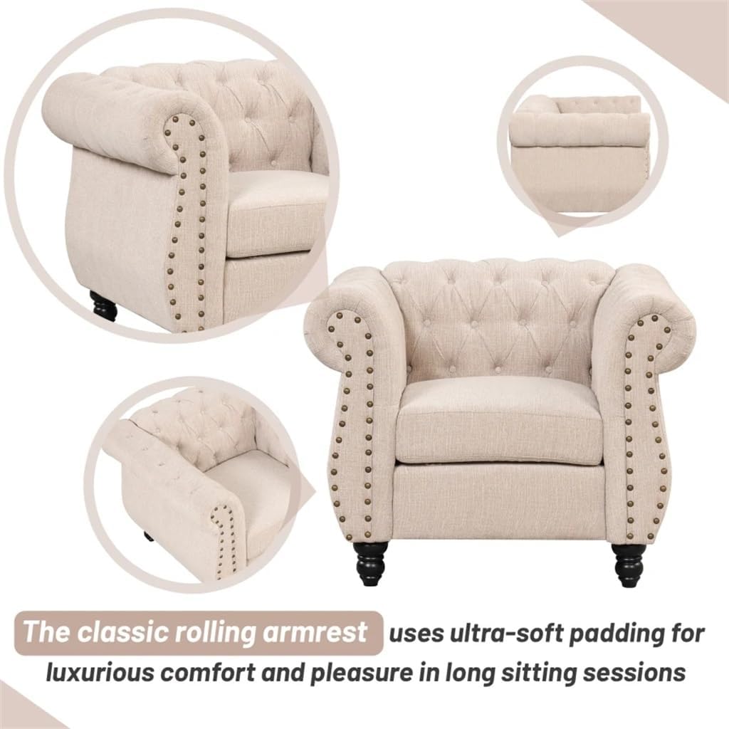 3-Piece Sofa Set,Upholstered Sofa with Solid Wood Legs,Button-Down Tufted Backrest
