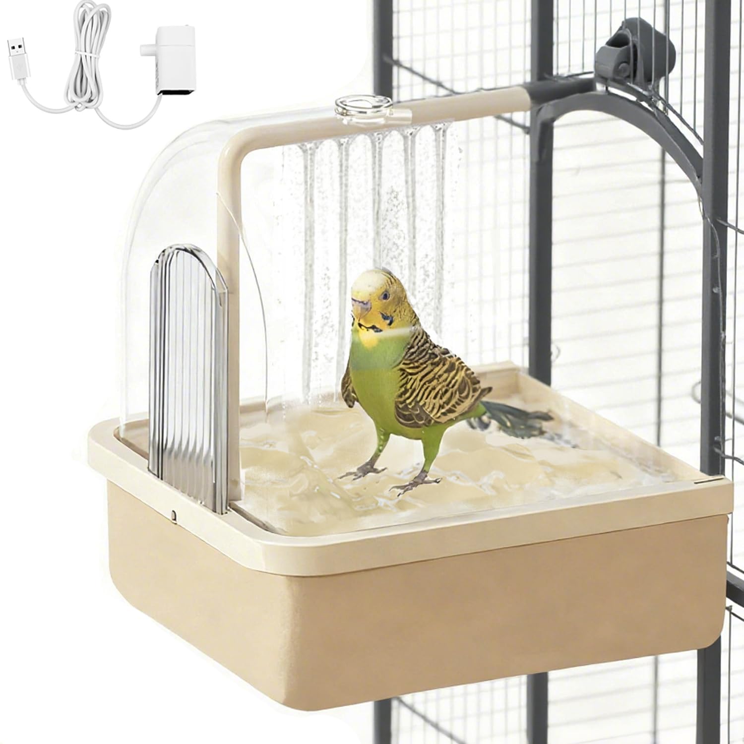 Bird Bath for Cage Clear, Automatic Indoor Cockatiel Bathtub Shower with Pump, Parrots Shower Accessories for Birdcage, Cleaning Supplies Shower Room for Parakeets, Finches, Canaries, Lovebirds