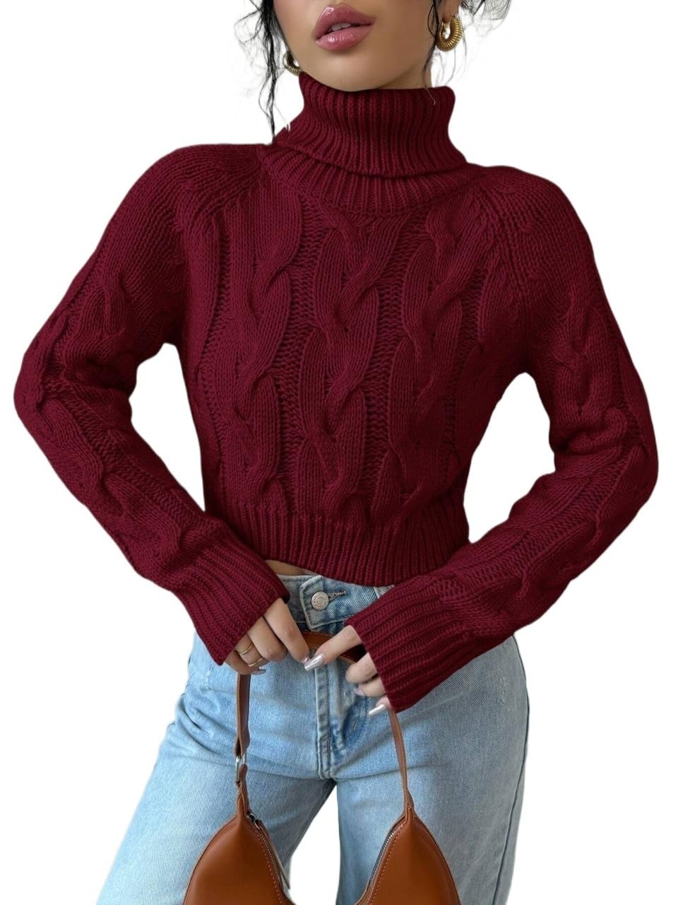 Solid Color High Neck Crop Sweater Casual Womens Casual Warm Pullover Tops