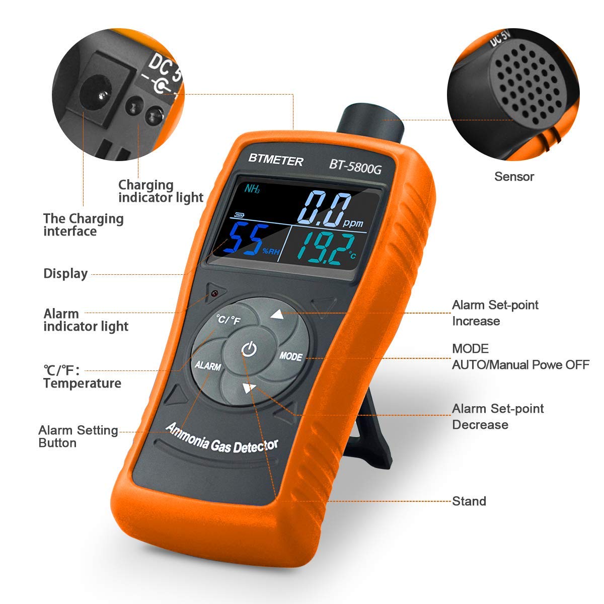 BTMETER BT-5800G - Sensore rilevatore di gas ammoniaca, prova per 0 ~ 100 PPM Nh3 Monitor Gauge con tester di umidità di temperatura