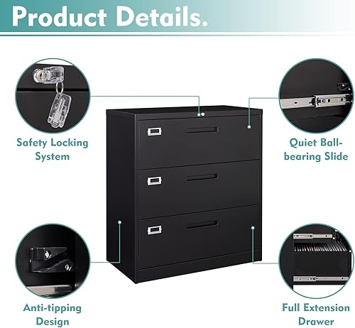 Vista 19 de MIIIKO Archivador lateral de 2 cajones con cerradura, archivador para oficina en casa, fácil de montar, archivador de almacenamiento de metal