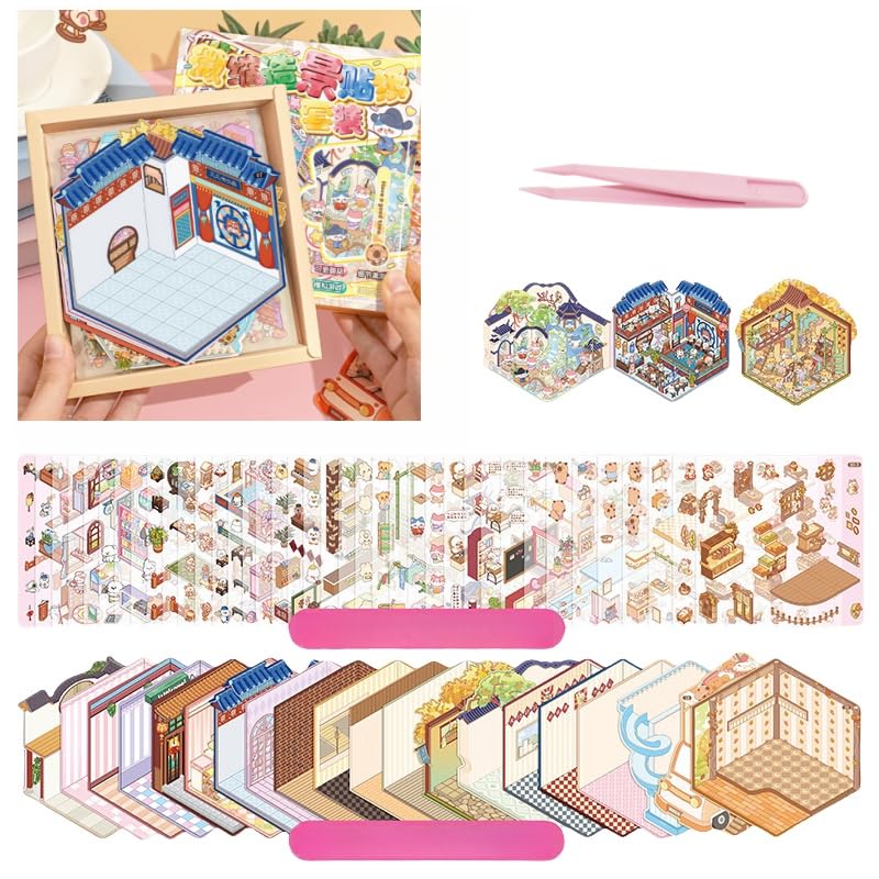 20 Sets 3D Sticker Scene Set for Kids Teens Adults,Scene Stickers Therapy for Adults Make Your Own DIY Isometric House Scene Sticker Book Relief Stress Pass The Time - Image 3