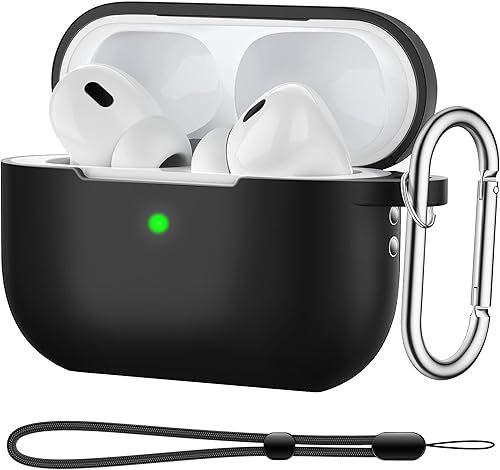 Funda para AirPods Pro de 2 generación 2022 de silicona con cordón y llavero carga inalámbrica y LED frontal visible (negro)
