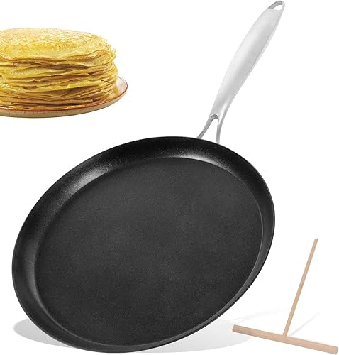 AUDANNE Sartén antiadherente para crepas con esparcidor, sartén plana de acero inoxidable de 11 pulgadas, parrilla antiadherente para panqueques y