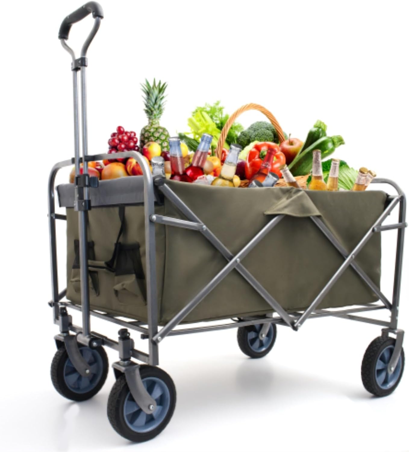 Camping Folding Travel Cart, Outdoor Garden Multi-Purpose Cart, Mini Folding Beach Cart, Shopping Cart, Load-Bearing 150 Pounds, Adjustable Handle, No Assembly Required, Khaki