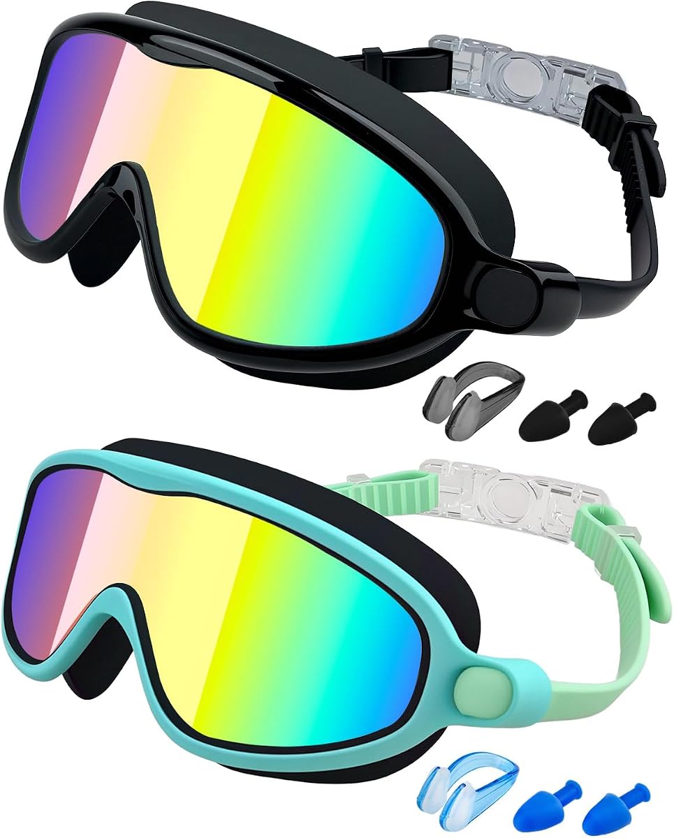 Swim Goggles 2 Pack, Wide View Anti Fog&UV Swimming Goggles for Audlt, No Leaking Swim Glasses for Men Women Kids