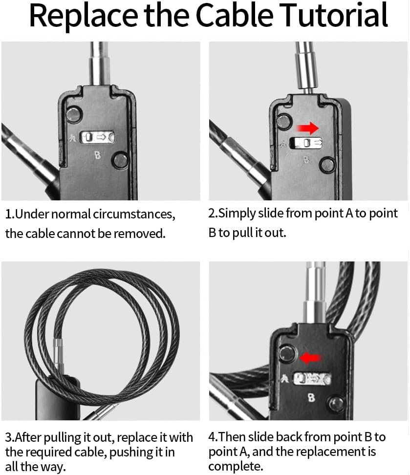 Diagram showing steps to replace the cable on the RESET-028 cable lock.