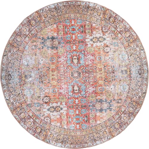 Rugshop Multi Transitional Distressed Round Area Rug — Machine Washable & Non‑Slip, 6' 6" Round for Dining Room, Living Room and Entryway