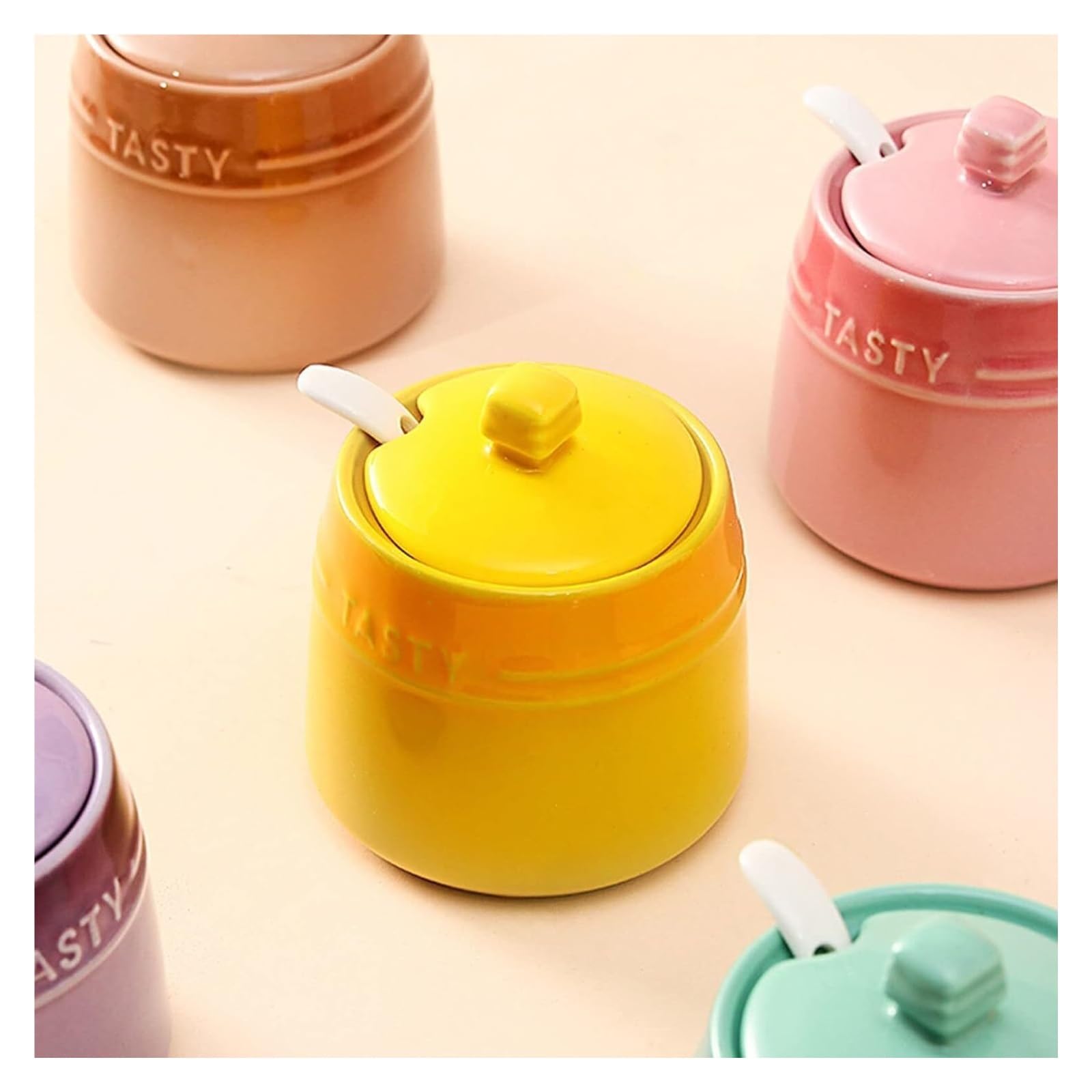 Azucarero,Azucarero,Azucarero de cerámica degradada francesa con tapa, Azucarero sólido con cuchara, Tarro de especias de porcelana, Almacenamiento de decoración de cocina(Yellow)