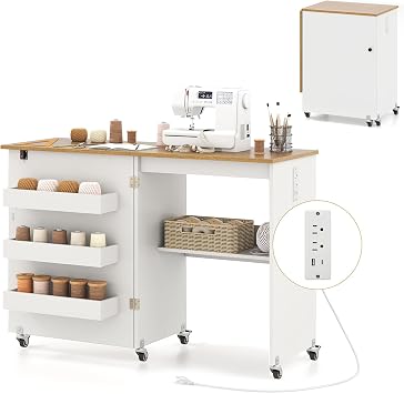 Folding Sewing Table, Sewing Desk with Storage, Lockable Casters, 3-Tier Shelf, Middle Rack, Magnetic Door, Sewing Machine Cabinet for Apartment, Studio, Small Spaces White & Natural